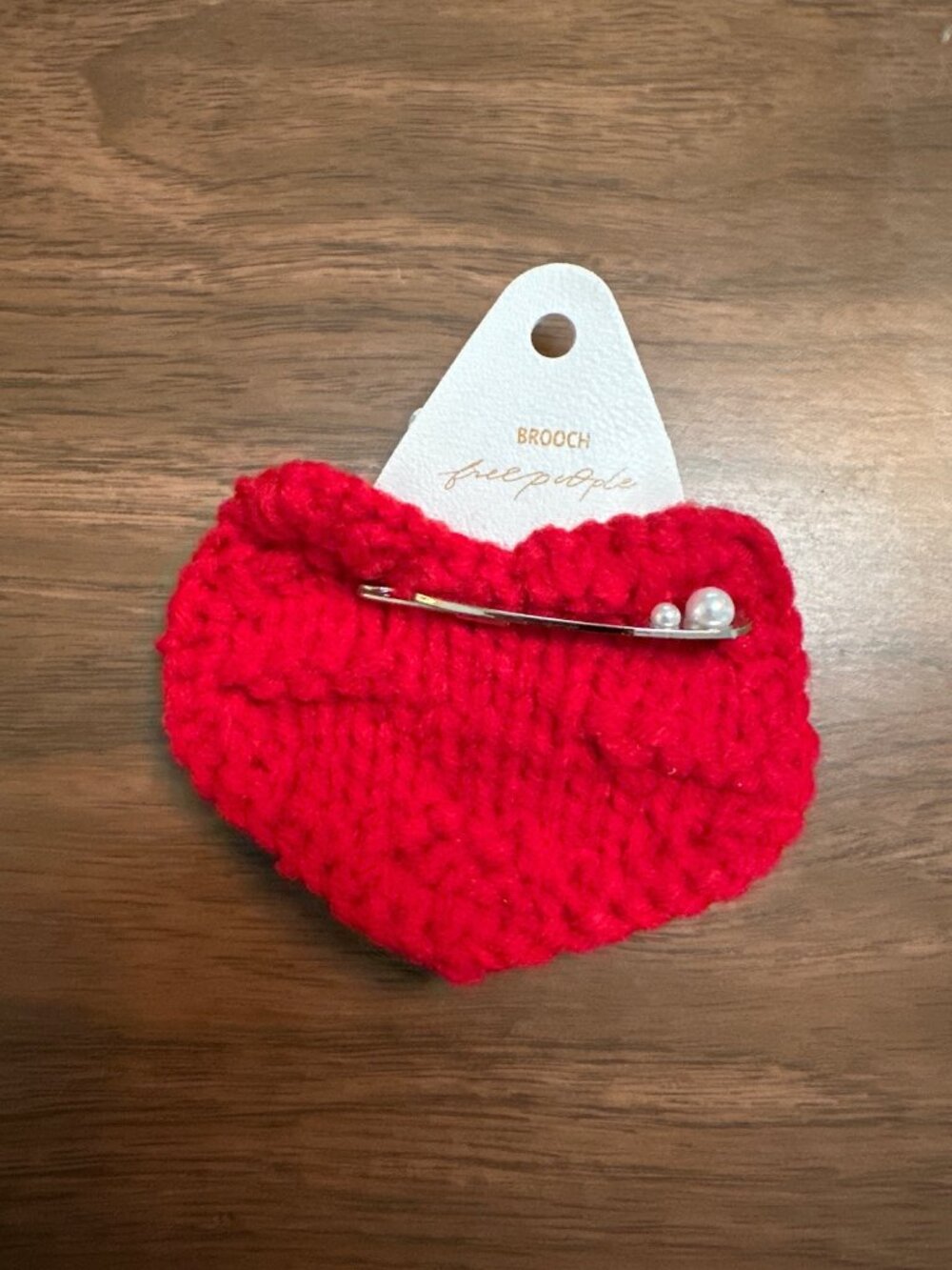 Free People Red Knit Heart Brooch Pin With Faux Pearls